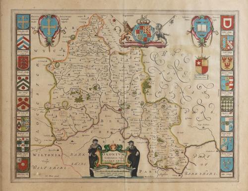 OXFORDSHIRE - Johannes BLAEU (1596-1673), Oxonium comitatus, [Amsterdam, c.1649], hand-coloured engraved map of Oxfordshire, 380 x 500mm., framed and glazed. With [Jansson's] Oxonium comitatus ([Amsterdam, c.1646]). (2)