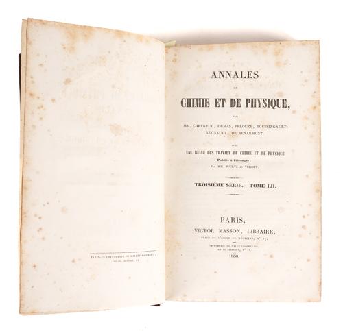 PASTEUR, Louis (1822-95). Mémoire sur la Fermentation Appelée Lactique [Pp. 404-18 in:] Annales de Chimie et de Physique. Troisième Série. Tome LII. Paris: 1858, 8vo, contemporary calf-backed boards. FIRST (COMPLETE) EDITION.