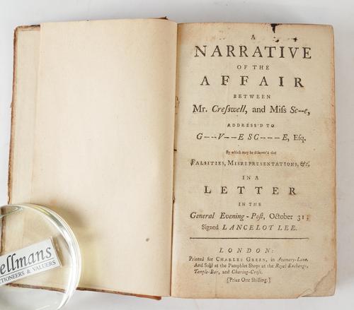 CRESSWELL, Thomas (1712-88). A Narrative of the Affair, London, [1747] [Bound with:] Miss Scrope's Answer, London, 1749, SIGNED and numbered by the author at the end. 2 works bound in one vol., 8vo, contemporary boards (later spine). FIRST EDITIONS.