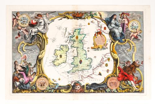 PINE, John (1690-1756). A Chart shewing the Several Places of Action between the English and Spanish Fleets, London, 1739, fine hand-coloured engraved map with elaborate border (very lightly browned and spotted at centrefold), 370 x 592mm., unframed.