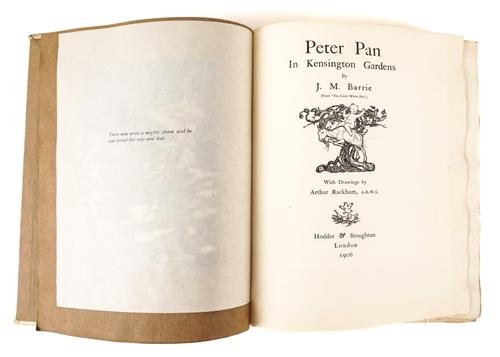 RACKHAM, Arthur (1867-1939, illustrator) - J. M. BARRIE. Peter Pan in Kensington Gardens, London, 1906, 4to, 50 mounted coloured plates by Arthur Rackham, original pictorial vellum gilt. FIRST RACKHAM EDITION, ONE OF 500 COPIES SIGNED BY THE ARTIST.