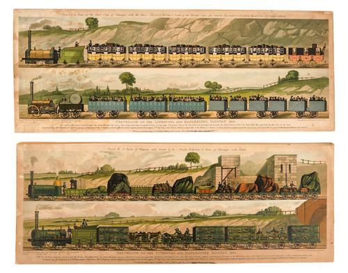 RAILWAYS - Raphael Tuck (pub.). "Plate I. A Train of the First Class ... Plate II. A Train of the Second Class." [And:] "Plate III. A Train of Waggons ... Plate IV. A Train ... with Cattle." London, 1894, 2 coloured lithographs, 252 x 660mm., laid down.