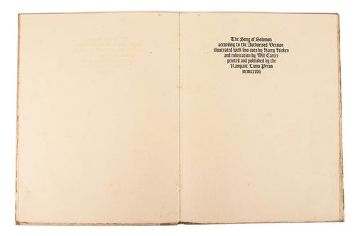 RAMPANT LIONS PRESS - The Song of Solomon, Cambridge, Rampant Lions Press, 1937, 4to, printed in red and black, 6 linocut illustrations by Harry Hicken, 4 of which full-page, original hessian-backed boards. NUMBER 12 OF 125 COPIES.
