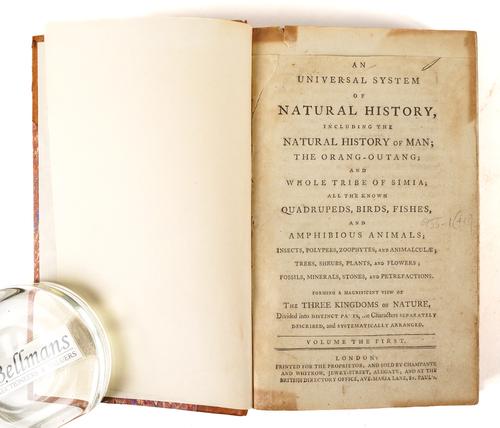 [SIBLY, Ebenezer (1751-1800), Carl LINNAEUS (1707-78)], and others.  An Universal System of Natural History, London, [?1794-1808], 14 volumes, 8vo, 401 engraved plates only, 112 hand-coloured, 85 folding, half calf gilt. Sold not subject to return. (14)