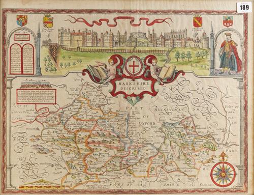 SPEED, John (1552-1629). Barkshire Described, London, 1676, hand-coloured engraved map of Berkshire, panoramic view of Windsor Castle at the top, title within baroque figural cartouche, coats-of-arms, compass rose, 382 x 510mm., framed and glazed.