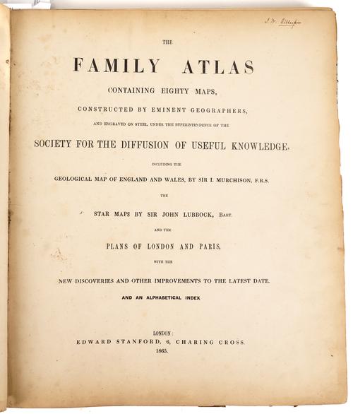 STANFORD, Edward (1827-1904, publisher) - The Family Atlas ... including the Geological Map of England and Wales, by Sir I. Murchison, London, 1865, folio, 80 hand-coloured engraved maps, half morocco (worn). With a folding map of London (c.1854). (2).