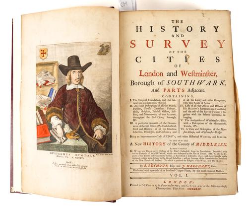 STOW, John (1525-1605), SEYMOUR, R. & J. MARCHANT. The History and Survey of ... London and Westminster, London, 1754, 2 vols., 82 engraved plates ([?]only), all FINELY COLOURED BY HAND, modern morocco. With another related but defective work. (3)
