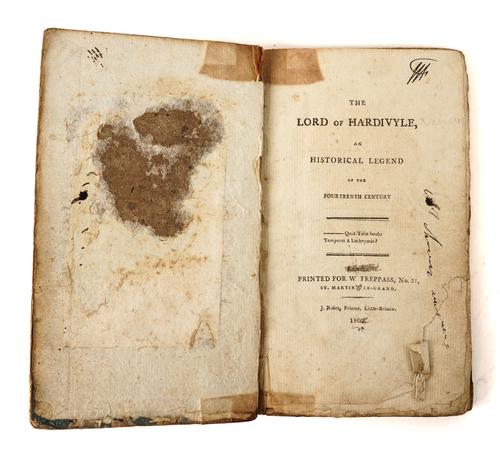 The Lord of Hardivyle. An Historical Legend, [London], 1800, 12mo (lacks all before title and all after final text leaf), boards (rubbed). FIRST EDITION. RARE. With 8 other works in 11 vols. The lot sold not subject to return. (12)