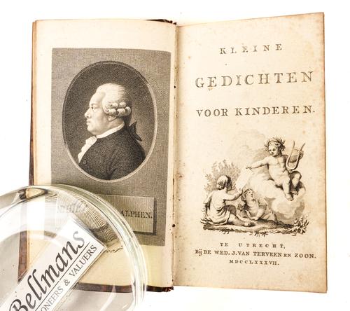 VAN ALPHEN, Hieronymous (1746-1803).  Kleine Gedichten voor Kinderen, Utrecht, 1787 [?but later], small 8vo, engraved portrait of the author, title with vignette, 66 plates, contemporary calf. With a miniature Almanac (Utrecht, 1836). (2)