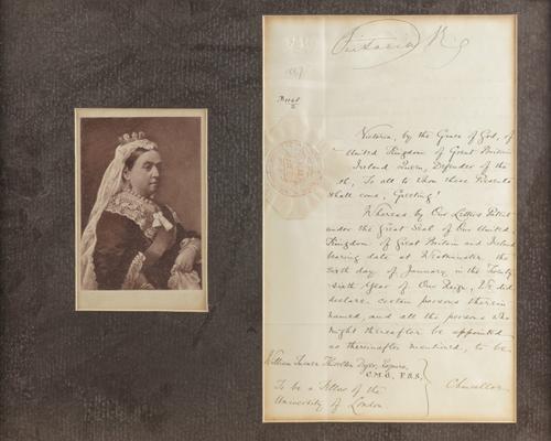 VICTORIA, Queen (1819-1901).  A document, SIGNED "Victoria R.", appointing William Turner Thiselton-Dyer as a Fellow of the University of London, with a portrait of Queen Victoria, in common mount, framed and glazed, 360 x 445mm., 1887.