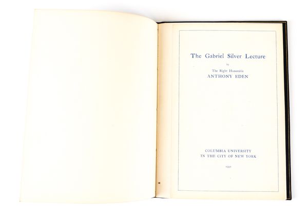 EDEN, Anthony (1897-1977). The Gabriel Silver Lecture, New York, Columbia University, 1952, 8vo, 16-pages, FINELY BOUND for Anthony Eden in full dark blue crushed morocco gilt, slipcase.