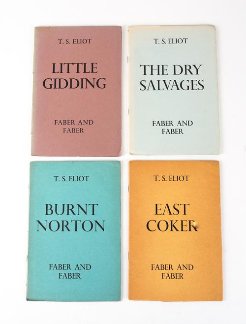 ELIOT, T. S. (1888-1965). [Four Quartets], London, Faber and Faber, 1940-42, 4 pamphlets, 8vo, original printed coloured wrappers. FIRST FABER EDITIONS. (4)