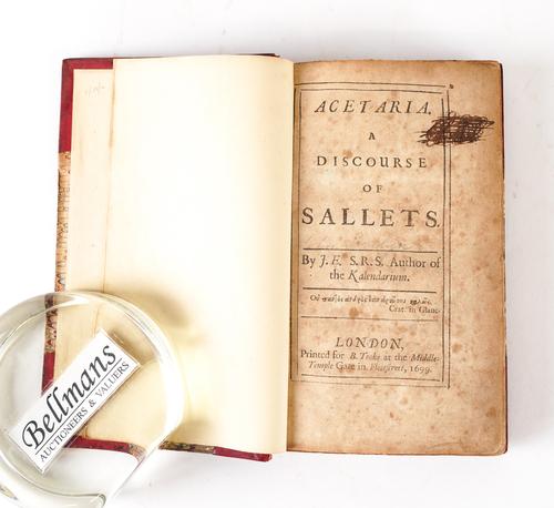 [EVELYN, John (1620-1706)]. Acetaria. A Discourse on Sallets, London, 1699, small 8vo, large folding table (heavily spotted and browned throughout, loss of a few letters), 19th-century red half calf gilt. FIRST EDITION.