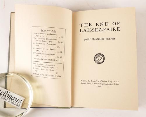 HOGARTH PRESS - John MAYNARD KEYNES (1883-1946). The End of Laissez-Faire, London, Hogarth Press, 1926, 8vo, original cloth-backed paper boards. FIRST EDITION. With 3 other books from the same press. (4)