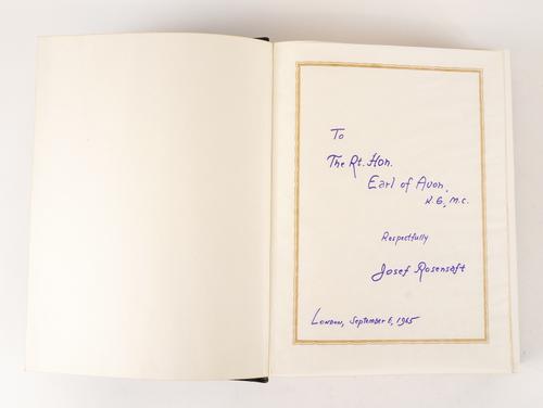 Holocaust and Rebirth. Bergen-Belsen 1945-1965. Introduction by Josef Rosensaft, New York and Tel Aviv, 1965, 4to, illustrations, original leatherette, slipcase, PRESENTATION COPY, inscribed by Josef Rosensaft to Anthony Eden.
