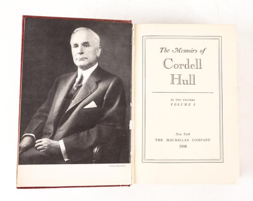 HULL, Cordell (1871-1955). The Memoirs, New York, 1948, 2 vols., large 8vo, original non-uniform buckram. Mixed editions. IMPORTANT PRESENTATION COPY, inscribed, "To Hon. Anthony Eden, with admiration and sincerest friendship, Cordell Hull." (2)