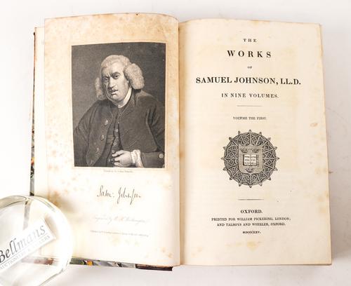 JOHNSON, Samuel (1709-84). The Works, London, 1825, 11 volumes, 8vo, engraved portrait frontispiece in vol. one, attractively bound in contemporary half burgundy calf gilt. (11)