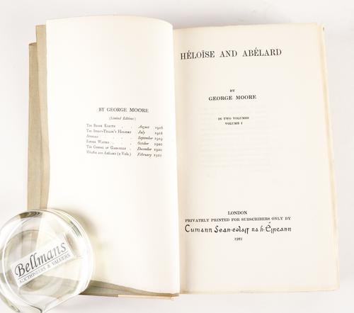 MOORE, George (1852-1933). Heloise and Abelard, London, 1921, 2 volumes, 8vo, original vellum-backed boards. NUMBER 127 OF 1,500 COPIES SIGNED BY THE AUTHOR. With 2 other related books. (4)