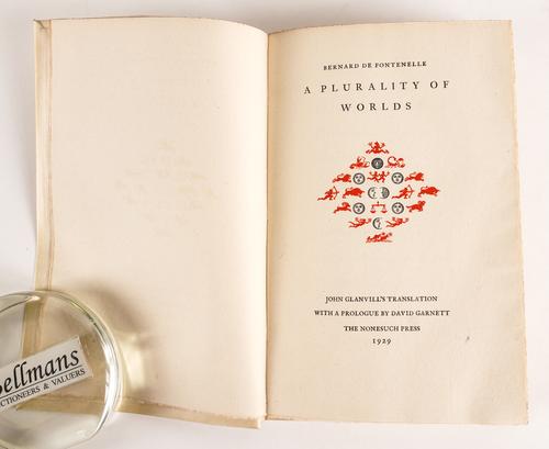 NONESUCH PRESS - Bernard de FONTENELLE (1657-1757). A Plurality of Worlds, London, 1929, 8vo, colour-stencilled astrological illustrations by T. L. Poulton, original vellum gilt. ONE OF 1,600 COPIES. With 9 other books printed by the same press. (10)