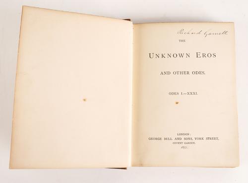 [PATMORE, Coventry (1823-96)]. The Unknown Eros and Other Odes, London, 1877, 8vo, original buckram (faded), with a one-page autograph letter from the author tipped-in at the front, old bookplate of Anthony Eden. With 5 other books by Patmore. (6)