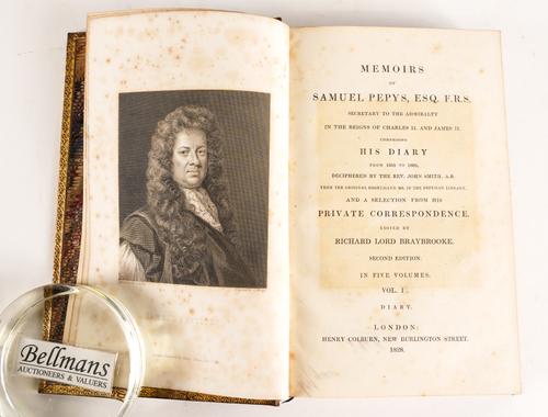 PEPYS, Samuel (1633-1703). Memoirs ... Comprising his Diary from 1659 to 1669, London, 1828, 5 volumes, 8vo, plates, attractively bound in contemporary olive morocco gilt. (5)