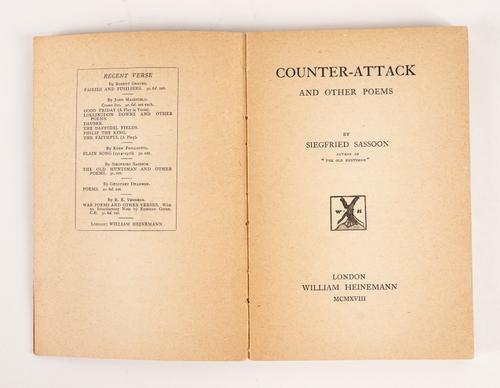 SASSOON, Siegfried (1886-1967). Counter-Attack and Other Poems, London, August 1918, 8vo, original wrappers, FIRST EDITION, second impression, PRESENTATION COPY, inscribed by the author to H. T. Baker in pencil on the half title.