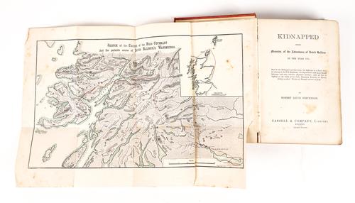 STEVENSON, Robert Louis (1850-94). Kidnapped, [London], 1886, 8vo, folding map, original red cloth (worn). FIRST EDITION, inscribed by Eden. Please see the footnote below.