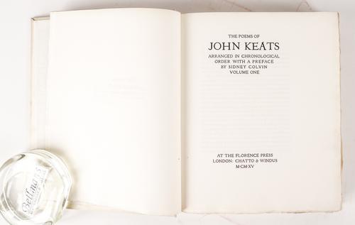 THE FLORENCE PRESS - John KEATS (1795-1821). The Poems, London, 1915, 2 volumes, square 8vo, original vellum boards. NUMBER 183 OF 250 COPIES. With Shelley's The Lyrical Poems (London, The Florence Press,1918, vellum, ONE OF 250 COPIES), and another. (4)