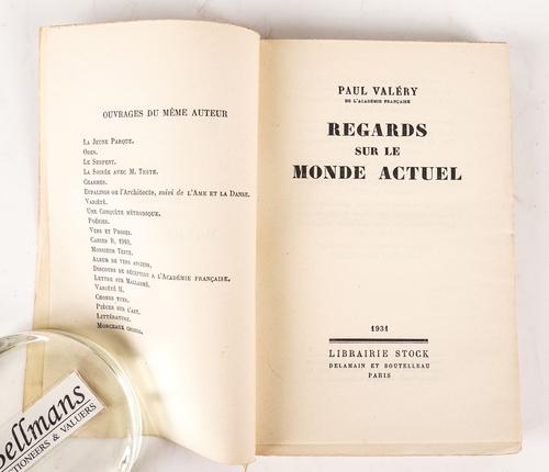 VALERY, Paul (1871-1945). Regards sur le Monde Actuel, Paris, 1931, 8vo, wrappers, "44e édition" (in very small letters on the backstrip). PRESENTATION COPY, the front endpaper inscribed, "à Monsieur A. Eden, hommage sincère de l' auteur, Paul Valéry."
