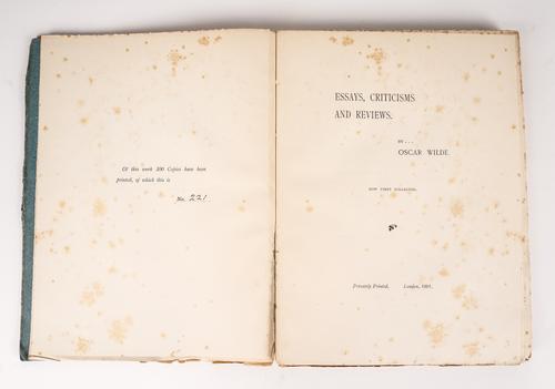WILDE, Oscar (1854-1900). Essays, Criticisms and Reviews, London, "Privately Printed," 1901, 4to, original blue printed paper boards (covers detached, rather worn). FIRST EDITION. NUMBER 221 OF 300 COPIES. RARE. With 4 other books of related interest. (5)