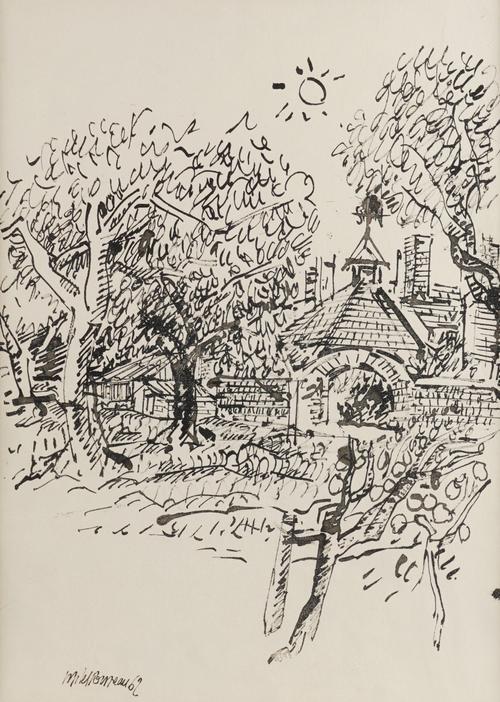 ROUSSEAU, Michel (b.1927, artist).  Six Views of Fyfield Manor, Wiltshire, all signed and dated "M. Rousseau 62", one inscribed to Anthony and Clarissa Eden, another to Clarissa Eden, pen and ink on paper, each c.360 x 260mm., framed and glazed. (6)