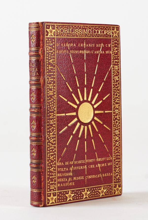 BINDINGS - [DANTE ALIGHIERI (1265-1321)]. La Vita Nuova, [No place, n.d. but late 19th-early 20th-century]. 16mo, FINELY BOUND in red morocco elaborately decorated and lettered in gilt. With another related book FINELY BOUND in full vellum. (2)
