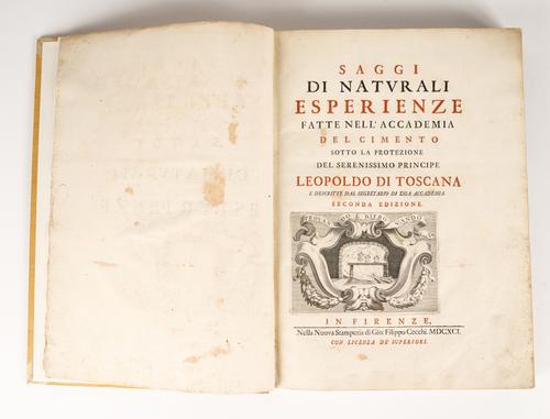 ACCADEMIA DEL CIMENTO - [Lorenzo MAGALOTTI (1637-1712), editor] & others. Saggi di Naturali Esperienze, Florence, 1691, folio, 75 full-page engraved illustrations, contemporary vellum-backed boards. Second edition.