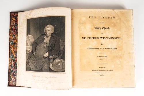 ACKERMANN, Rudolph (1764-1834, publisher). The History of the Abbey Church of St. Peter's Westminster, London, 1812, 2 vols., folio, portrait, plan, 82 hand-coloured aquatint plates, contemporary morocco (rubbed). FIRST EDITION. With another book. (3)