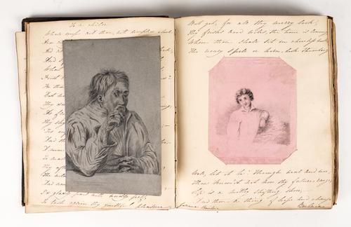 ALBUM - A 4to album (225 x 185mm), on c.80 leaves, mid-19th-century, containing original watercolours of flowers and butterflies, portraits, topographical scenes, poetical quotations, bound in contemporary morocco gilt stamped "Marianne".