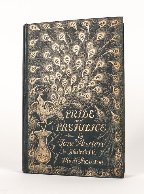 BINDING - Jane AUSTEN (1775-1817). Pride & Prejudice, London, 1894, 8vo, illustrations by Hugh Thomson, original highly elaborate pictorial cloth gilt with a peacock's tail design in gilt (lower cover dampstained). FIRST "PEACOCK" EDITION.