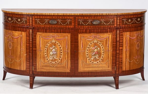 A PAIR OF GEORGE III STYLE MARQUETRY INLAID BOWFRONT COMMODES