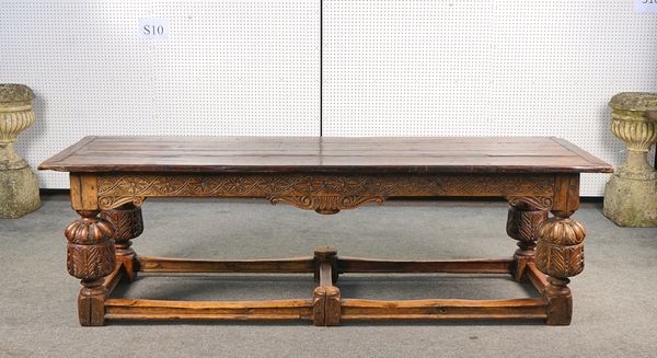 A 17TH CENTURY STYLE OAK PLANK TOP REFRECTORY TABLE