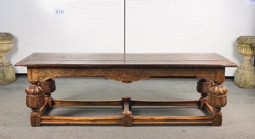 A 17TH CENTURY STYLE OAK PLANK TOP REFRECTORY TABLE