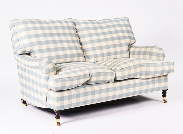 GEORGE SMITH; A BLUE CHECK UPHOLSTERED TWO SEAT SOFA