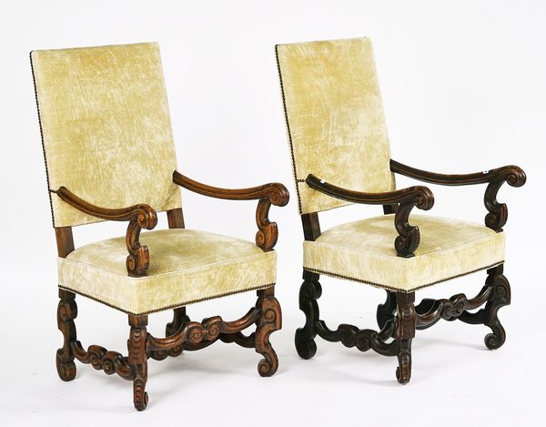 A PAIR OF 17TH CENTURY STYLE FLEMISH SQUARE BACK OPEN ARMCHAIRS