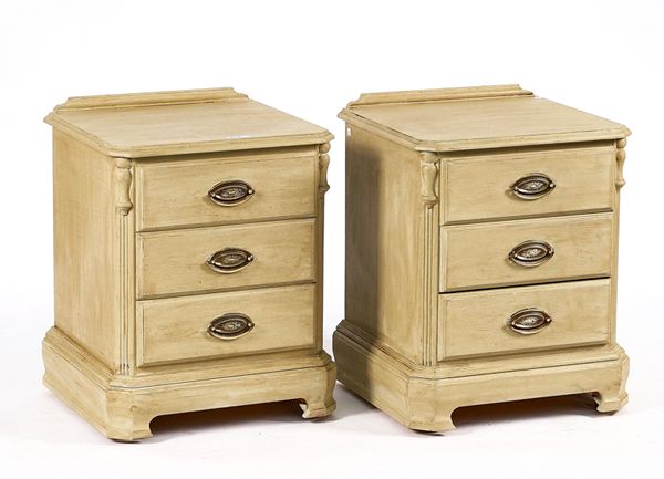 A PAIR OF GREEN PAINTED THREE DRAWER BEDSIDE TABLES