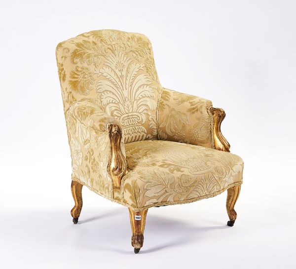 A 19TH CENTURY FRENCH GILT FRAMED TUB BACK EASY ARMCHAIR