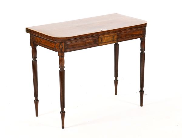 A REGENCY ROSEWOOD BANDED MAHOGANY D-SHAPED CARD TABLE