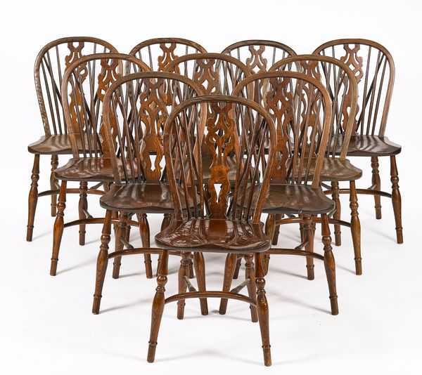 A SET OF TEN BEECH AND ELM STICKBACK CHAIRS