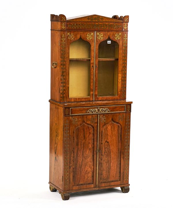 A REGENCY ROSEWOOD AND BRASS INLAID DISPLAY CABINET