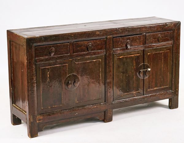 A CHINESE STAINED SOFT WOOD SIDE CABINET