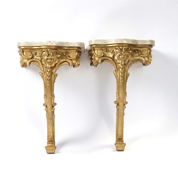 A PAIR OF VICTORIAN SMALL GILTWOOD CONSOLES