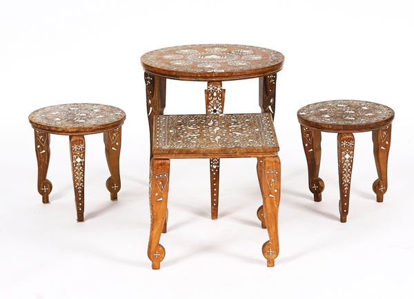 AN EARLY 20TH CENTURY INDIAN IVORY INLAID CIRCULAR TEAK OCCASIONAL TABLE