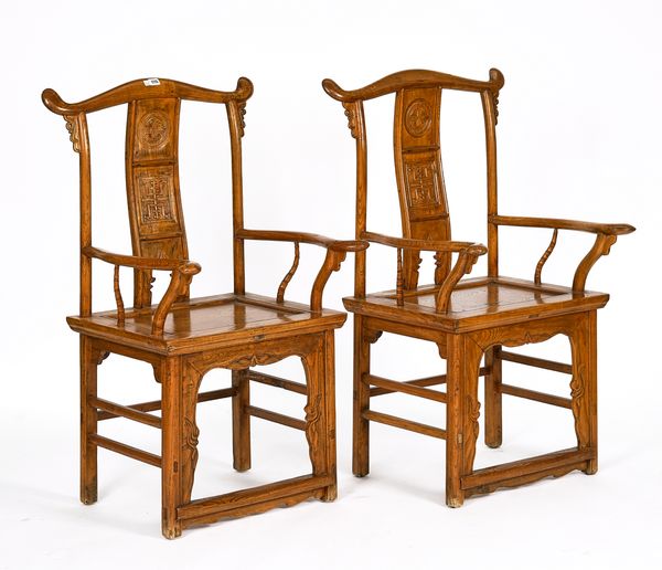 A PAIR OF 19TH CENTURY CHINESE ELM YOLK BACK OFFICIAL’S CHAIRS